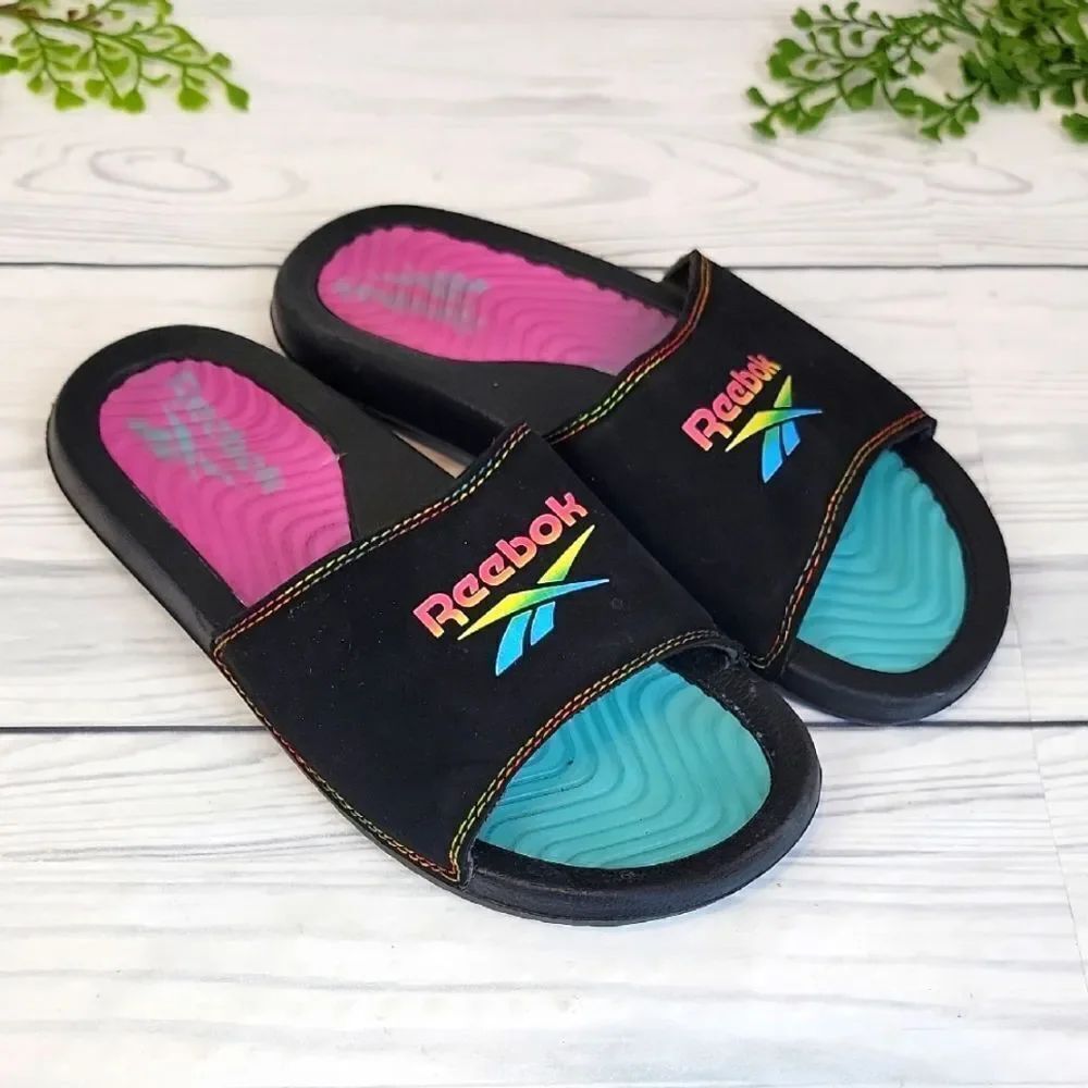 Reebok Black Slides with Pink and Blue Accents Girls Size 5